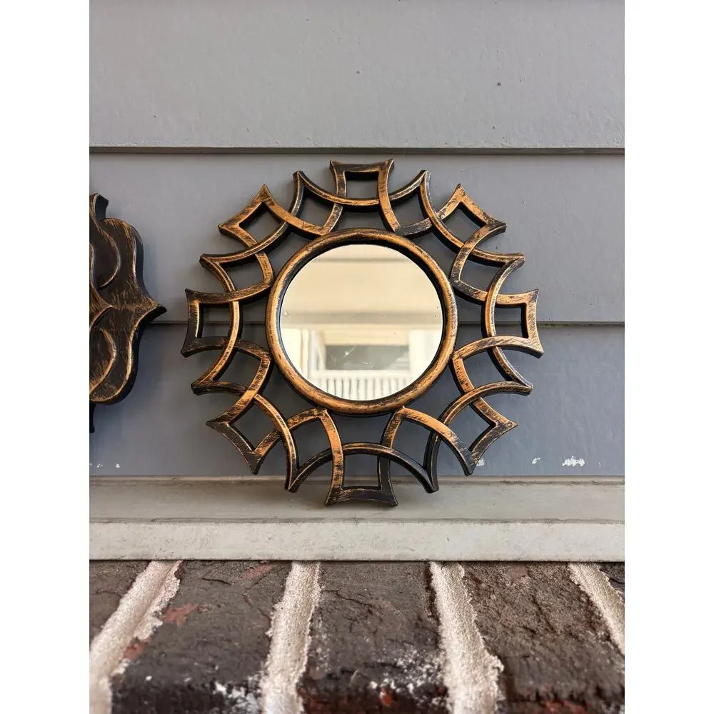 Set of 2 Black Gold Sunburst Accent Mirrors 9” Round Decorative Wall Mirrors